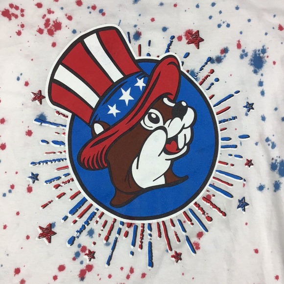 Buc-ee's 4th of July Paint Splatter T-Shirt Red White Blue Patriotic Size Small - Picture 2 of 5